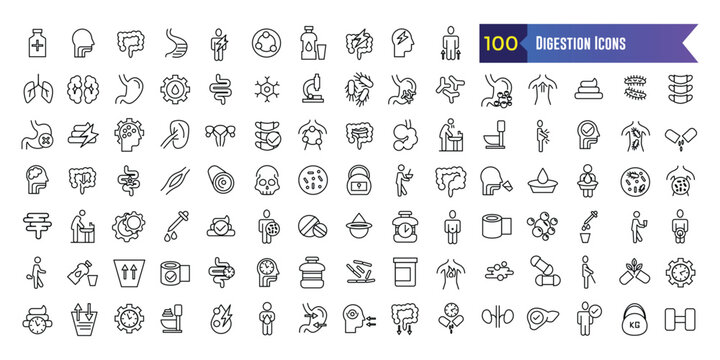 Digestion icons set. Outline set of digestion vector icons for ui design. Outline icon collection. Editable stroke.