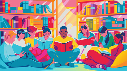 Colorful Illustration of Diverse Group Reading in Library