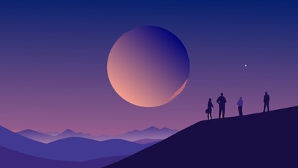 Majestic Twilight with Giant Moon and Silhouetted Observers