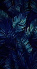 Dark background with tropical leaves. Blue pattern with exotic jungle plants. Banner with monstera, sabal palm leaves, indigo blue phoenix palm leaves ornament. Flay lay template with hawaiian plants.