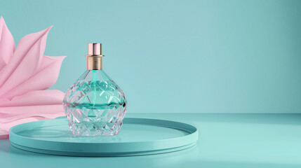 Tray with elegant bottle of perfume on color background