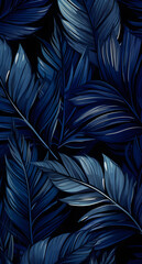 Dark background with tropical leaves. Blue pattern with exotic jungle plants. Banner with monstera, sabal palm leaves, indigo blue phoenix palm leaves ornament. Flay lay template with hawaiian plants. - obrazy, fototapety, plakaty