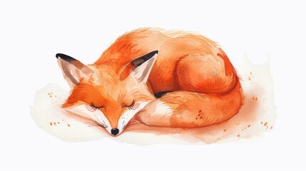 Fototapeta premium A watercolor painting of a simple, kawaii fox curled up in sleep, isolated on white background