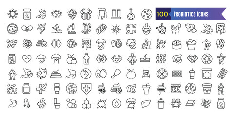 Probiotics Icons set. Outline set of Probiotics Icons vector icons for web design. Outline icon collection. Editable stroke.