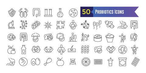 Probiotics Icons set. Outline set of Probiotics Icons vector icons for web design. Outline icon collection. Editable stroke.