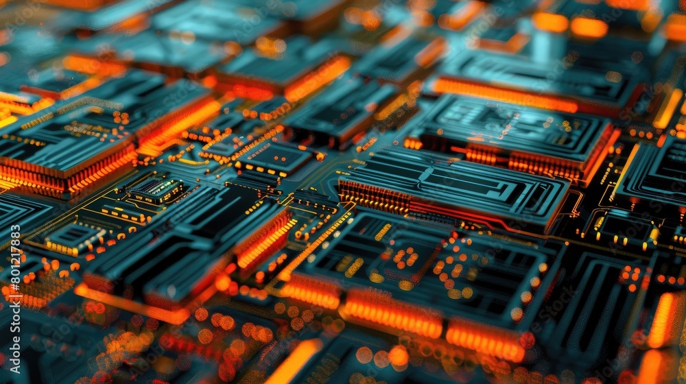 Poster the image is of a computer chip with glowing orange lines running through it. the chip is blue and h