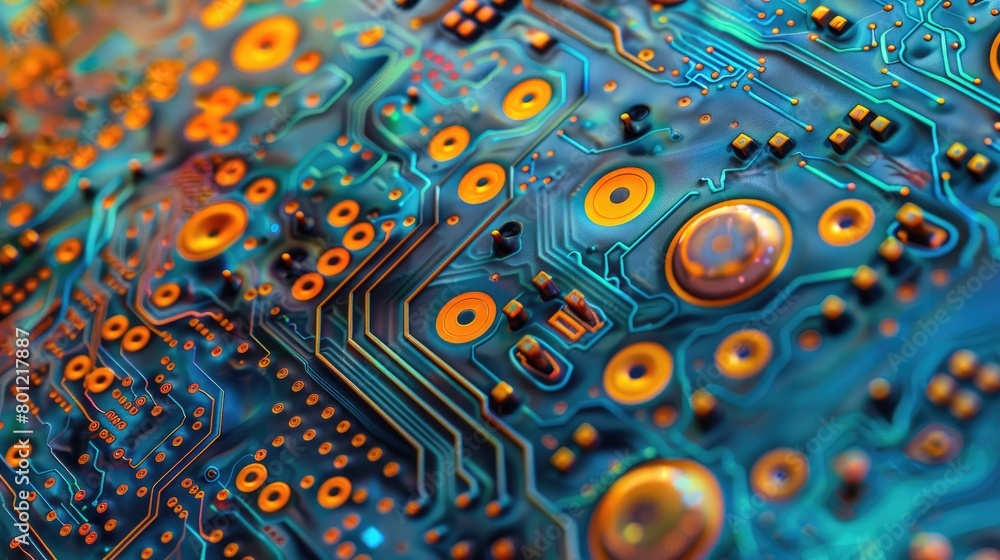 Poster the image is of a close-up of a circuit board. the colors are blue, orange, and yellow. the image is