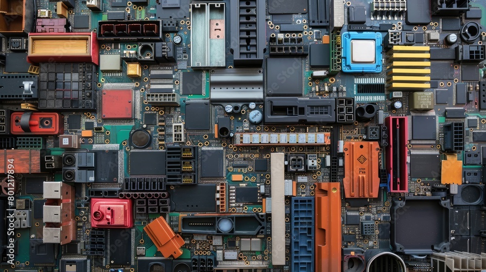 Poster the image shows a close-up of a circuit board with many electronic components. the colors of the com