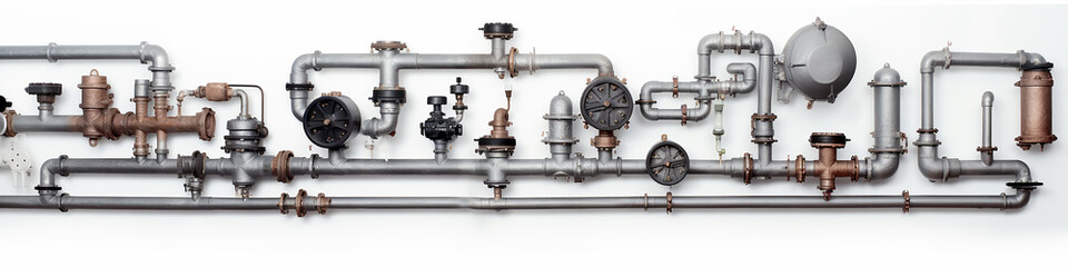 long narrow panoramic view background pipes and pipe connections isolated on white, abstract communications