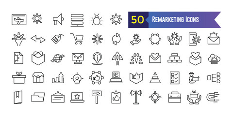 Remarketing icons set. Outline set of remarketing vector icons for ui design. Outline icon collection. Editable stroke.
