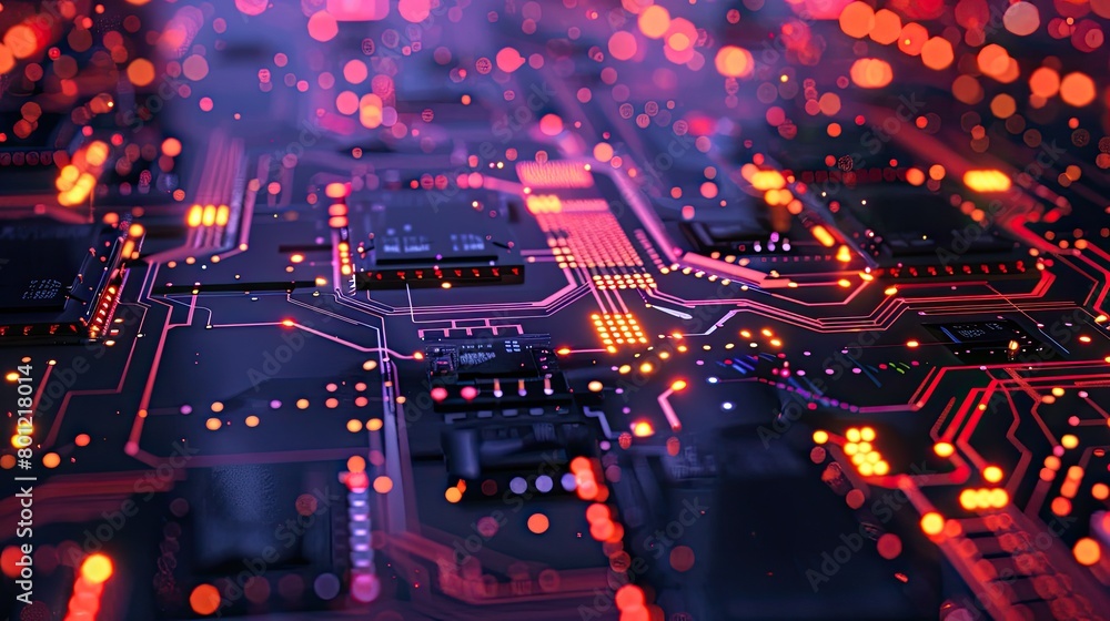 Poster the image shows a close-up of a computer circuit board with glowing orange and purple lights.
