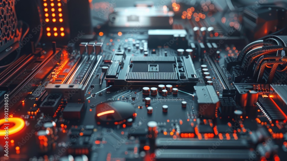 Poster the image shows a close-up of a computer motherboard with red and orange lights.