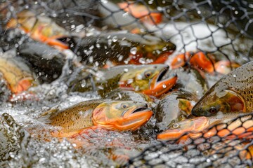 Salmon fish school in aquaculture farm, swimming in the sea, marine farming environment
