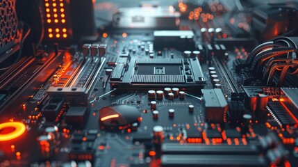 Obraz premium The image shows a close-up of a computer motherboard with red and orange lights.