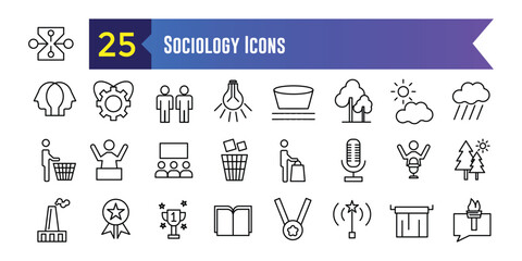 Sociology icons set. Outline set of sociology vector icons for ui design. Outline icon collection. Editable stroke.
