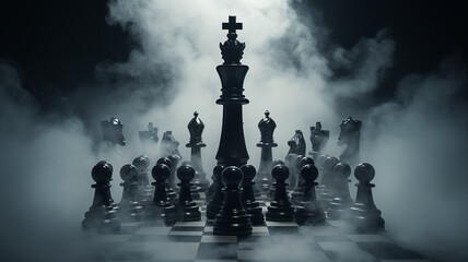 chess, the concept of strategic management, leadership, business team, decision-making, a group of chess-like figures in a fog of uncertainty, fictional figures