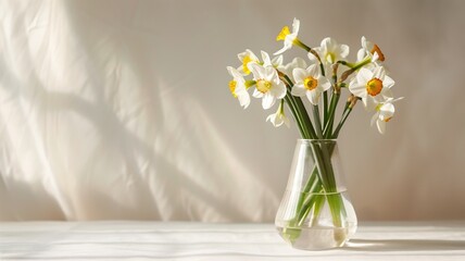Narcissus flowers elegantly displayed in a glass vase.