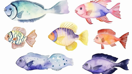Obraz premium sea fish, collection, set, watercolor illustration isolated on a white background multicolored sea fish