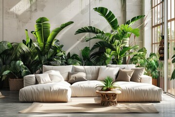 Modern cozy home interior with light sofa and many exotic potted plants. House decor, Lounge zone