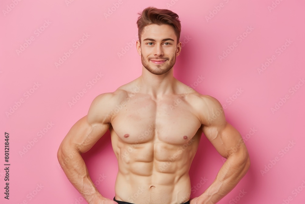 Poster muscular bodybuilder displaying defined abs on soft colored background with space for text