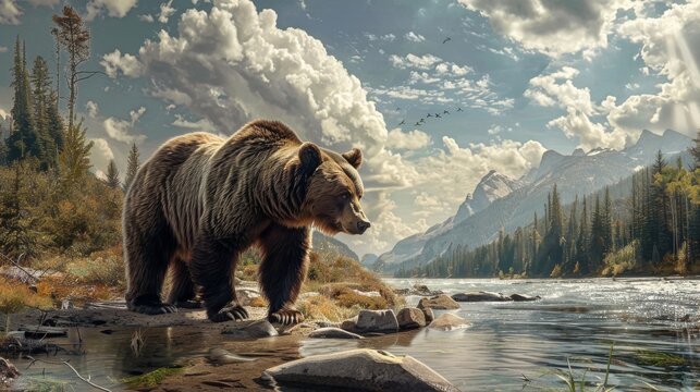 A grizzly bear walking in a river with a mountain in the background