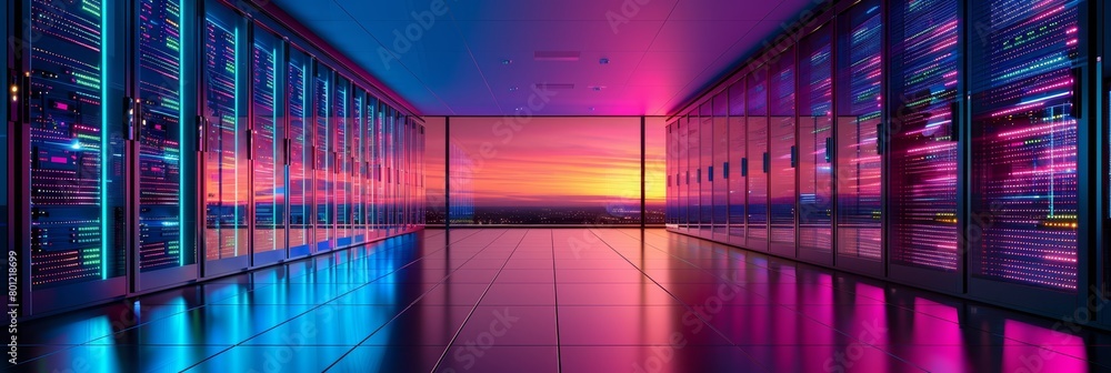Poster network panel and switch equipment with cables in a data center room for efficient data management