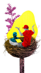 Poster. Contemporary art collage. Man in red shirt seated in giant nest with little bird interact in remote working process. Concept of work and study in distance, freelance, Internet, new normal. Ad - obrazy, fototapety, plakaty