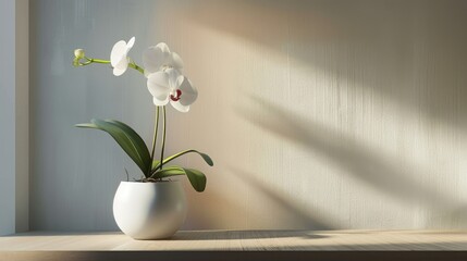 A single white orchid in a sleek modern planter
