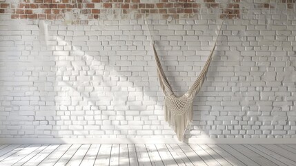 Bare brick wall painted white with a single hanging macrame