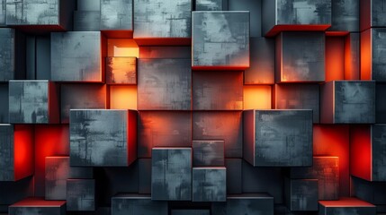 Create a 3D rendering of a concrete wall with randomly placed glowing red cubes. The concrete should have a rough texture and the cubes should be slightly beveled.
