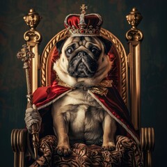 Fototapeta premium Pug dressed as a king with a crown and scepter sitting on a throne