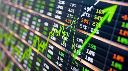Fototapeta premium Stock market data showing green uptrend.