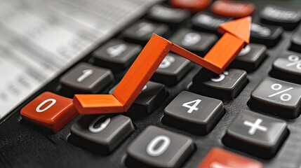 The image shows a calculator with an arrow pointing up. The arrow is red and the calculator is black. The background is white. The image is about economy and finance.