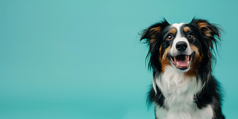 Turquoise Canine Bliss: Happy Tricolor Dog
Image of a joyful black, brown, and white dog against a turquoise background
