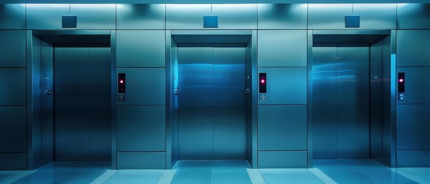 A bank of three brushed metal modern elevators with red up and down buttons.