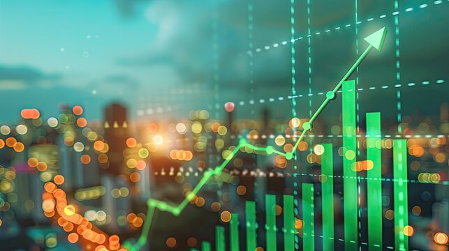 The image shows a glowing green graph with an arrow pointing up, indicating growth and success