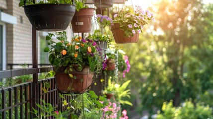 Balcony garden with hanging baskets and vertical planters, maximizing space for urban dwellers to enjoy nature.