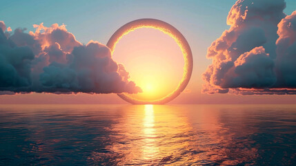 Mysterious ring structure over sea, sunset light
