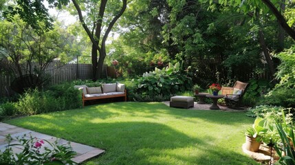 Backyard oasis with lush greenery and a cozy seating area, perfect for relaxation and outdoor enjoyment.