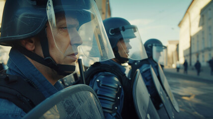 Naklejka premium Anti-riot police squad on the street
