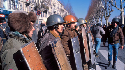 Obraz premium Protestors with makeshift shields on the street, civil unrest