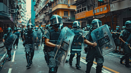 Naklejka premium Anti-riot police squad running on the street