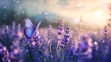 Blossoming lavender flying butterfly morning lit field purple flowers summer background