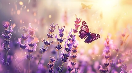 Blossoming lavender flying butterfly morning lit field purple flowers summer background