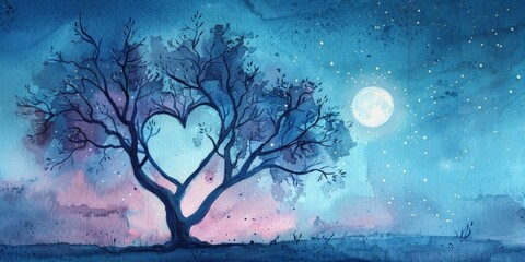  Beautiful big tree, it was bright but quiet on a full moon night. Watercolor painting. Use for wallpaper,
 posters, postcards, brochures.