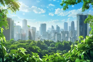 A lush green city with skyscrapers and a blue sky. The city is surrounded by trees and plants. The air is clean and fresh. The people are happy and healthy.