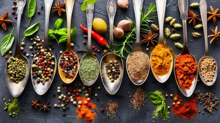 Assorted herbs and spices beautifully arranged in spoons captured in a close up shot
