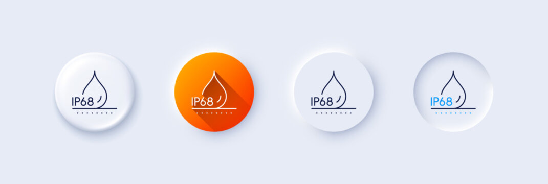 Waterproof line icon. Neumorphic, Orange gradient, 3d pin buttons. Water resistant ip68 sign. Drop protection symbol. Line icons. Neumorphic buttons with outline signs. Vector