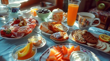 Breakfast table filled with various foods including breads sweets cake yogurt tea coffee orange...