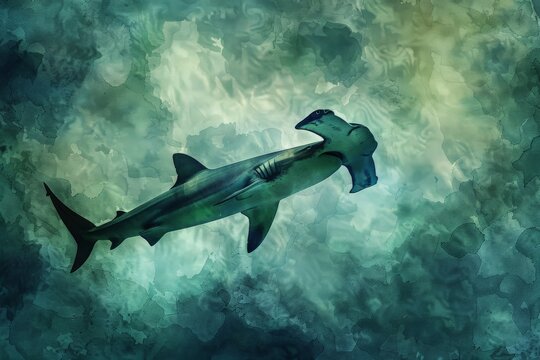 Watercolor paintning of a hammerhead shark. Hammerhead sharks are considered to be more agile
 hunters than great whites or tiger sharks. Use for wallpaper, posters, postcards, brochures.